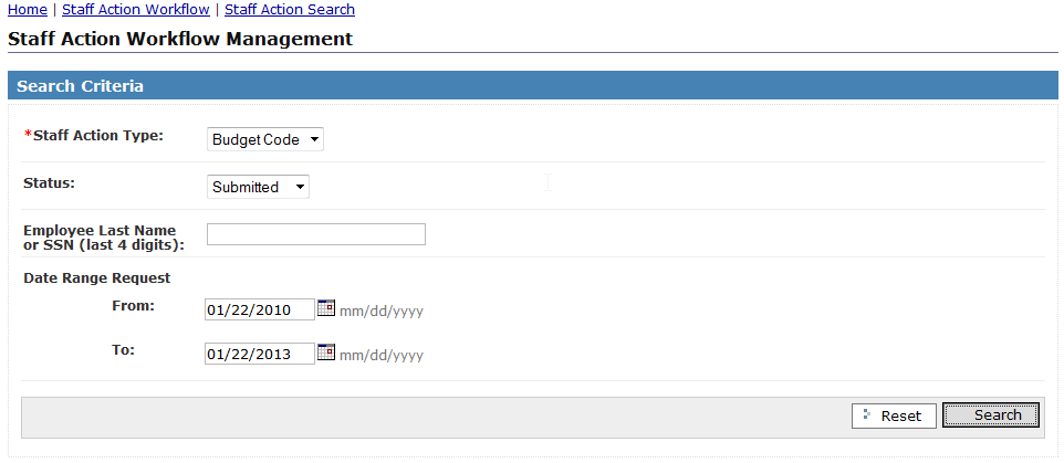 staff action workflow management selection page