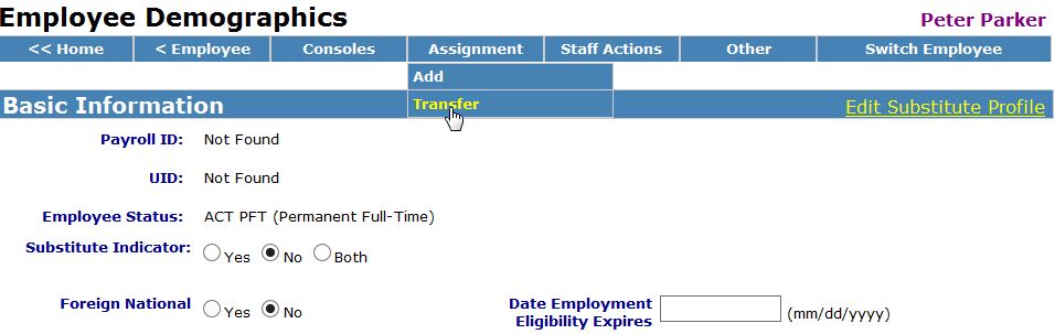 Image of dropdown of assignment transfer