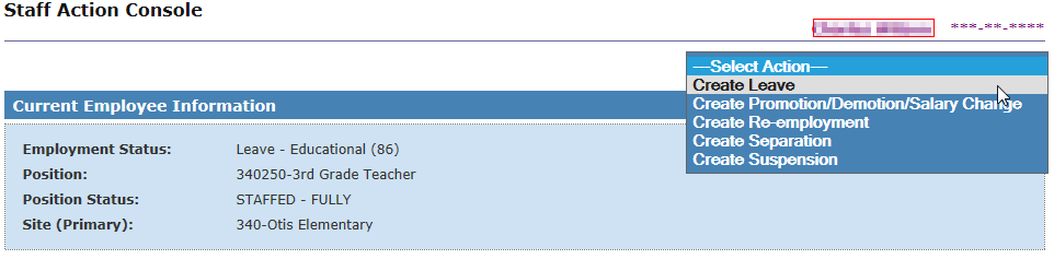 Sample of staff action drop down to create leave