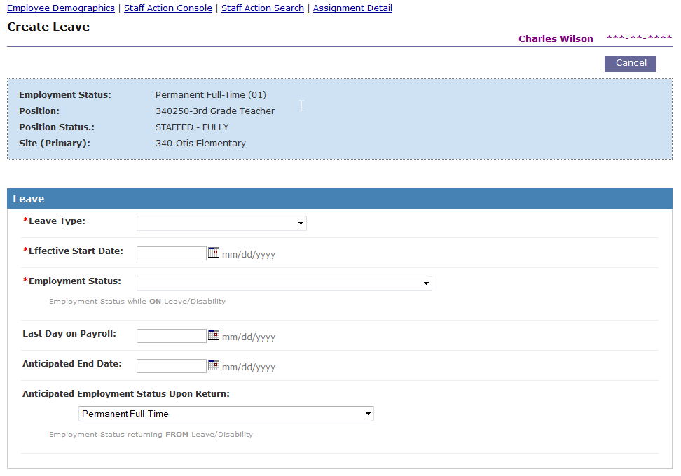 Sample of create leave screen