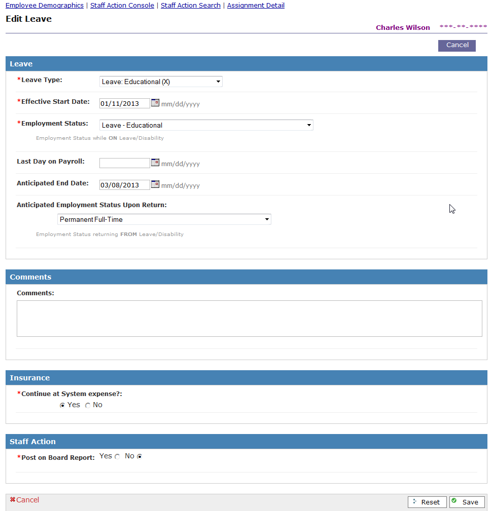 Sample of edit leave screen