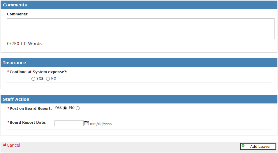 Sample of bottom of create leave form with comments and insurance fields