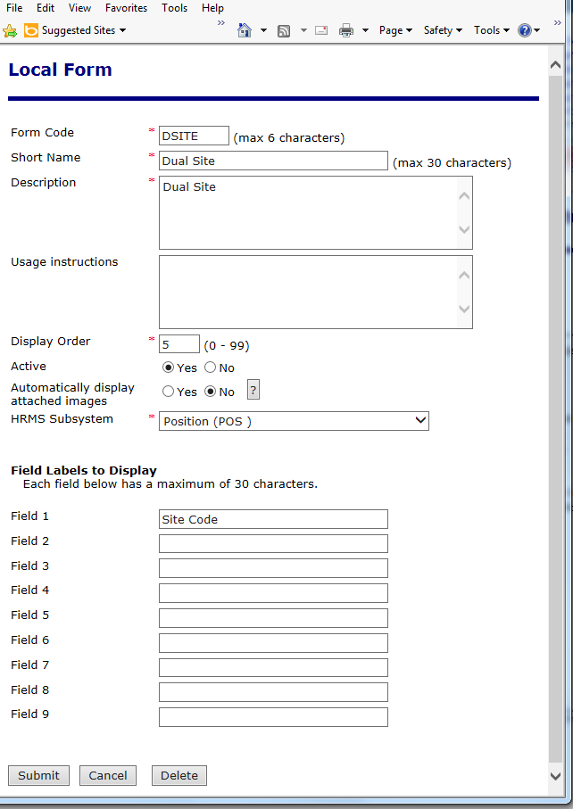 Sample of local forms edit screen
