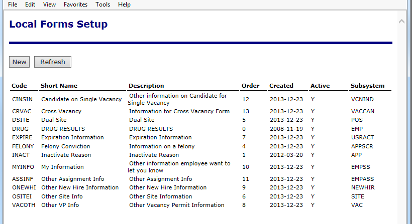 Sample of local forms setup configuration screen
