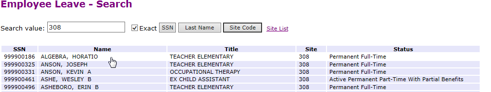 Sample of leave search results