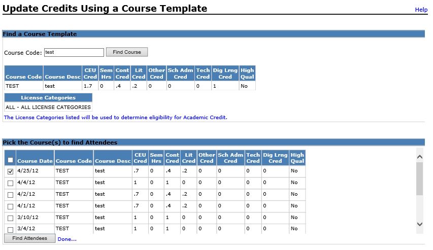 Image of Updating Credits Using a Course Template Screen